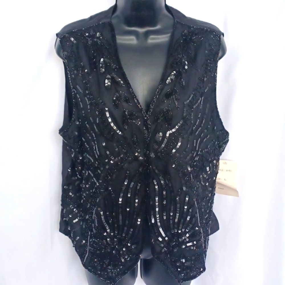 Vtg Mary McFadden Silk Sequin/Beaded Black Glam Deco Vest Waistcoat L, 23" PTP